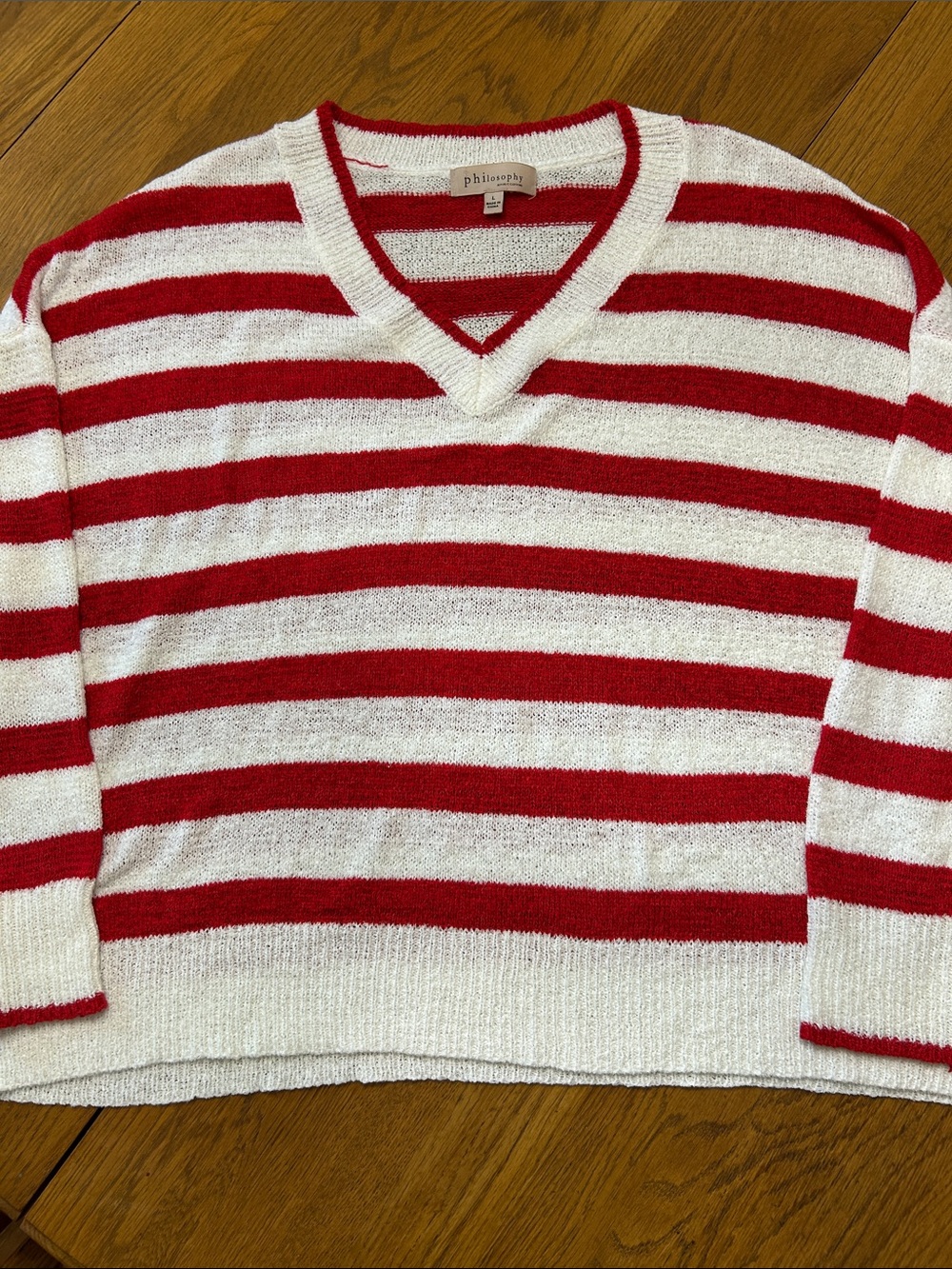 Philosophy Red and White Striped V-Neck Sweater Size Large